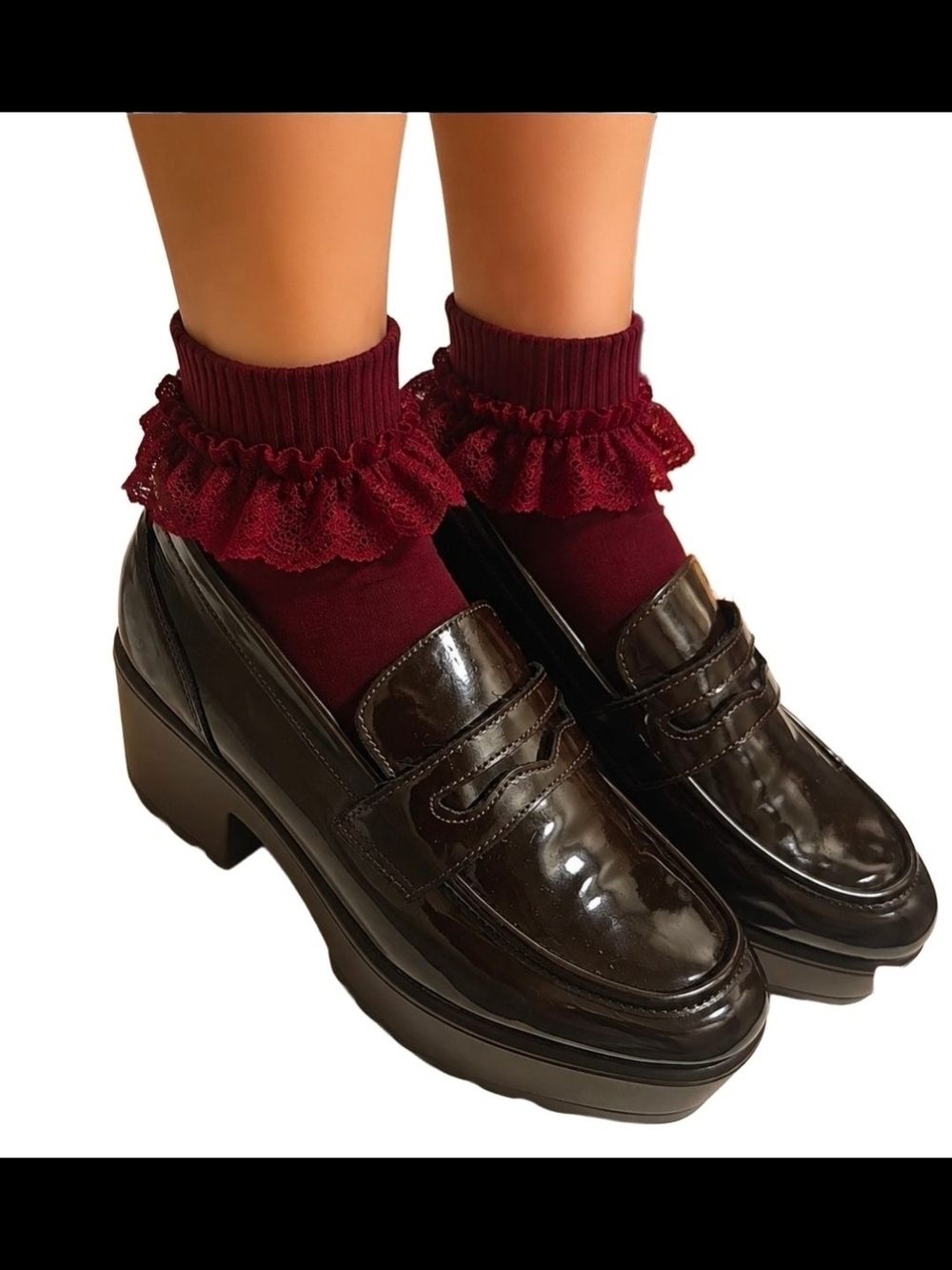 CUCCOO black patent platform penny loafers with chunky block heels and a sleek g
